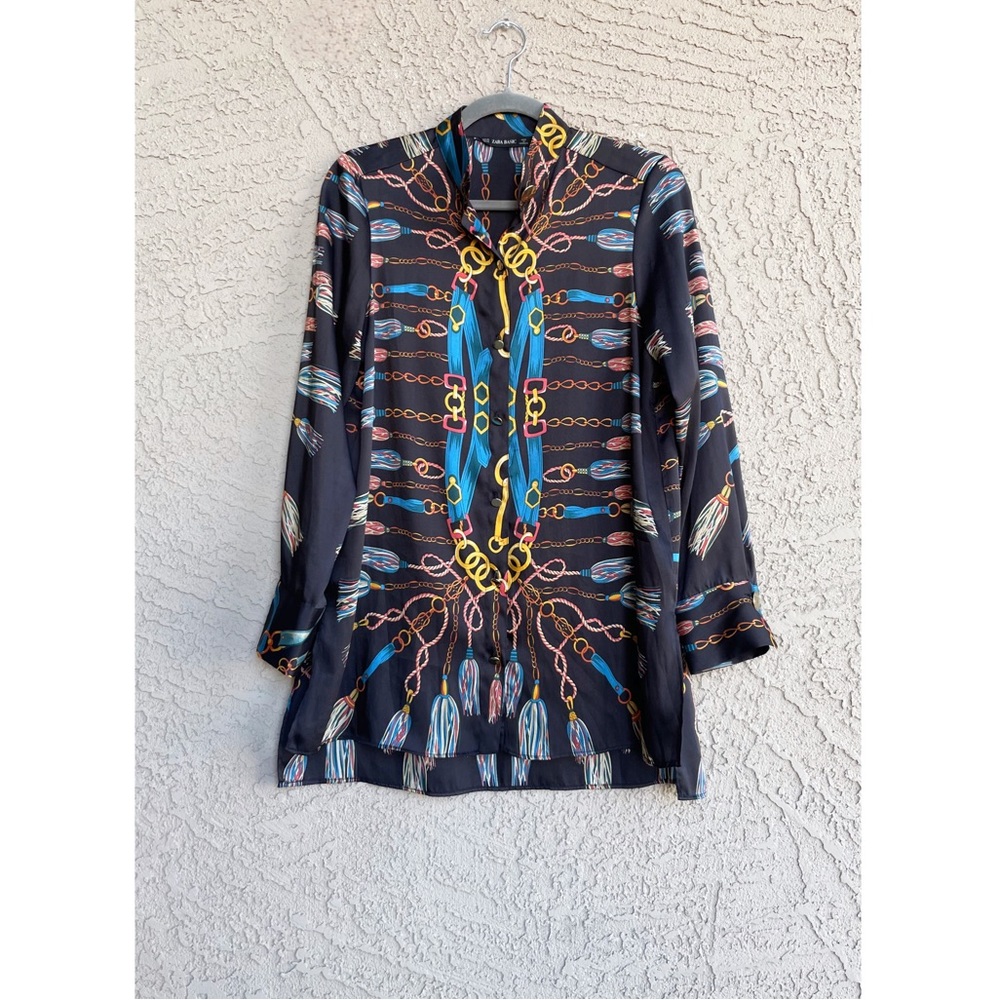 ZARA BLOGGER FAVE Black & Blue Chain Scarf Printed Long Tunic Blouse Top XS - Picture 11 of 17